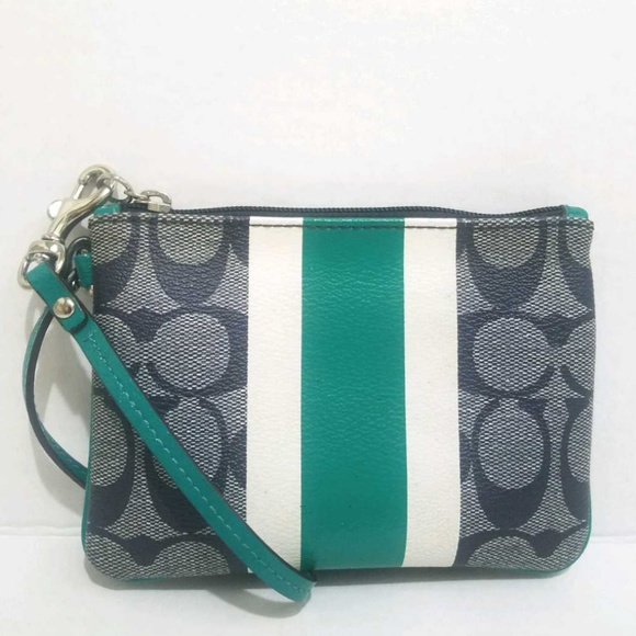 Coach Handbags - COACH Signature Corner Zip PVC Stripe Wristlet